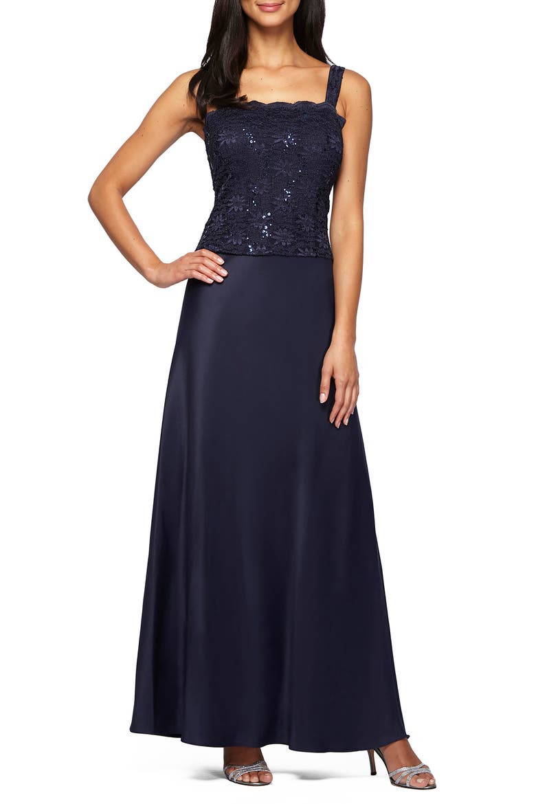 Sequin Lace & Satin Gown with Jacket, Alternate, color, MIDNIGHT