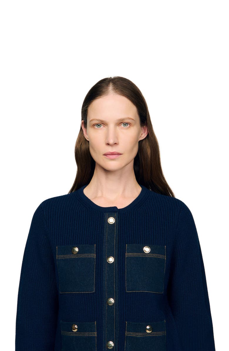 SANDRO Denim detail rib knit cardigan, Alternate, color, Navy Blue