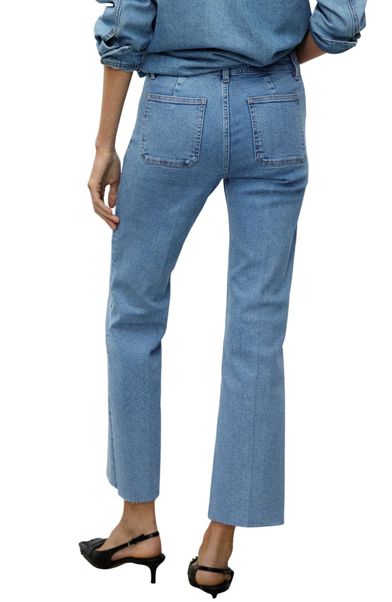 MANGO Alex Raw Hem Patch Pocket Crop Flare Jeans, Alternate, color, Medium Blue