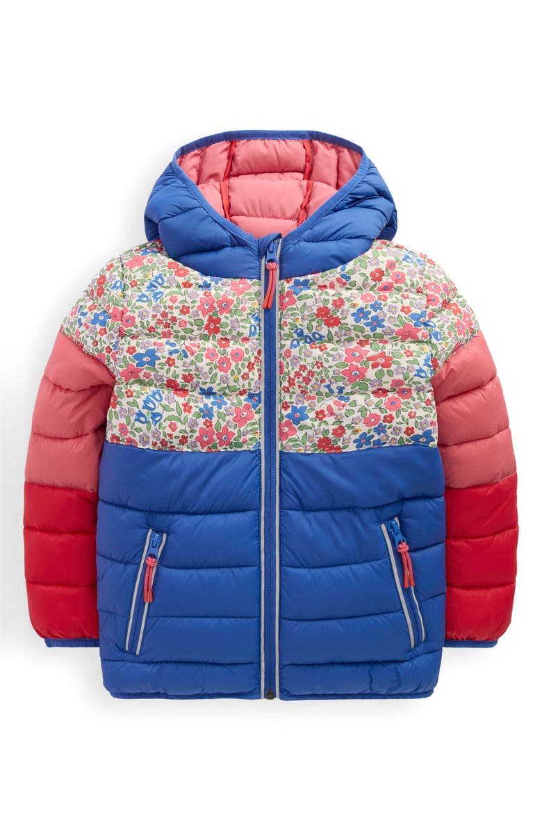 Mini Boden Kids' Pack Away Quilted Jacket, Main, color, Floral Colourblock