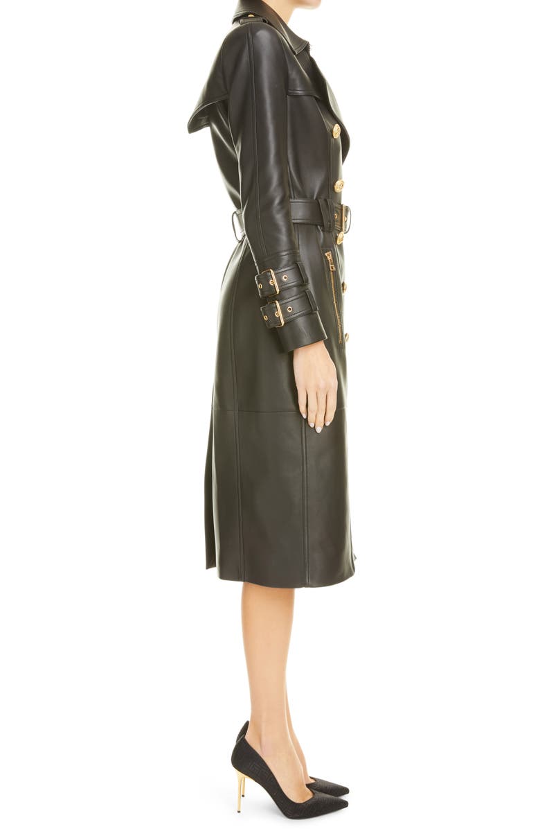 Balmain Double Breasted Leather Trench Coat, Alternate, color,