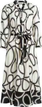 Elie Tahari The Mila Dotted Scroll Print Long Sleeve Silk Blend Midi Shirtdress