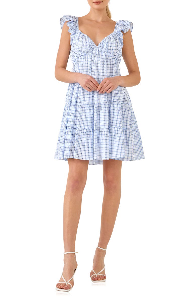 English Factory Check Print Tiered Minidress, Main, color, Blue