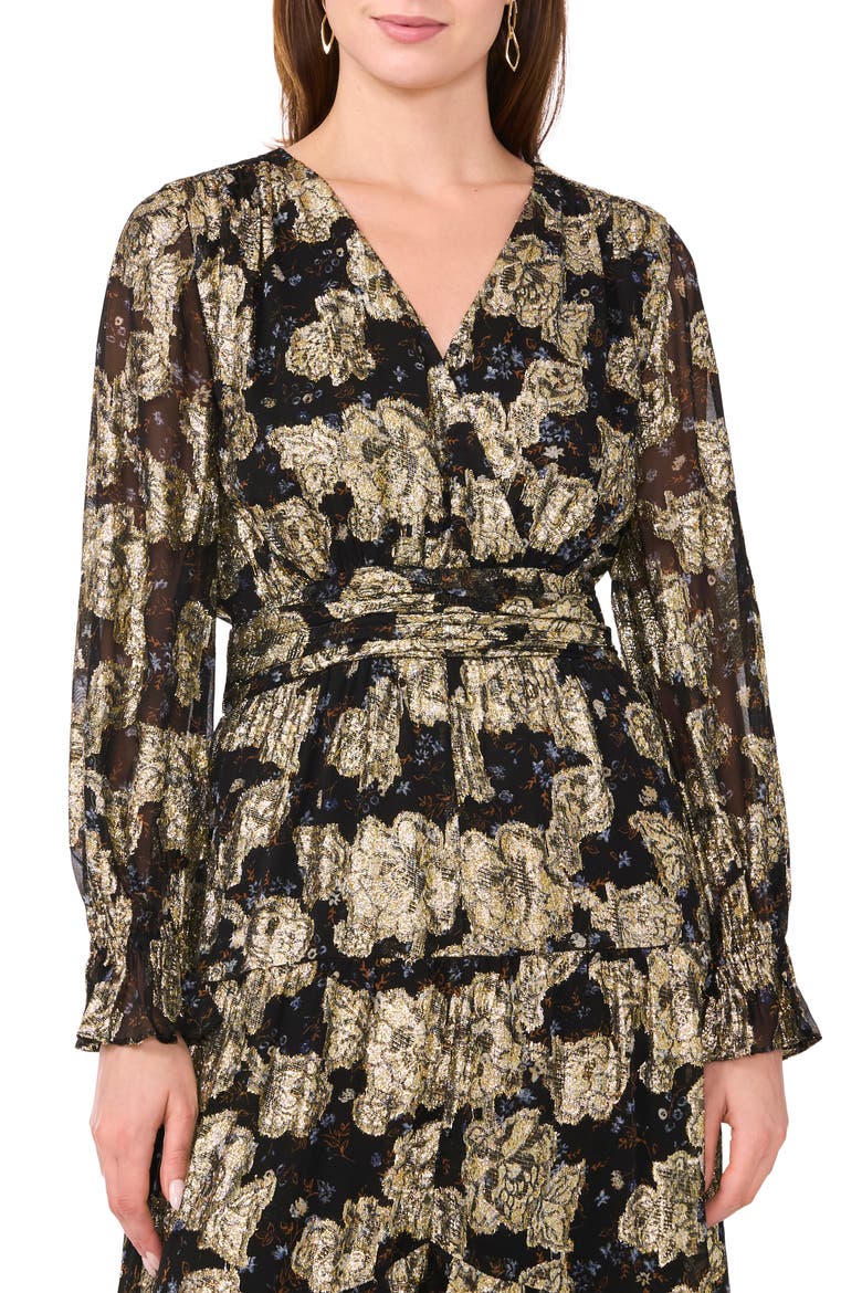 Metallic Floral Long Sleeve Maxi Dress, Alternate, color, RICH BLACK