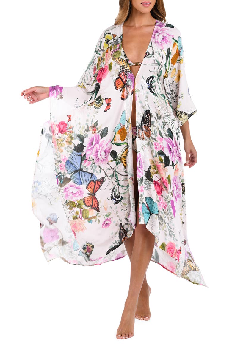 Kara Butterfly Print Cover-Up Wrap, Main, color, IVORY