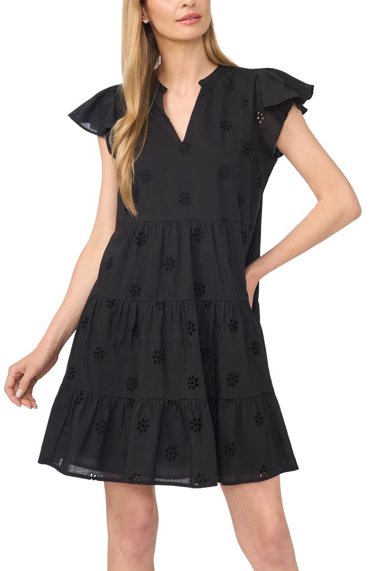 Eyelet Tiered Minidress, Alternate, color, RICH BLACK