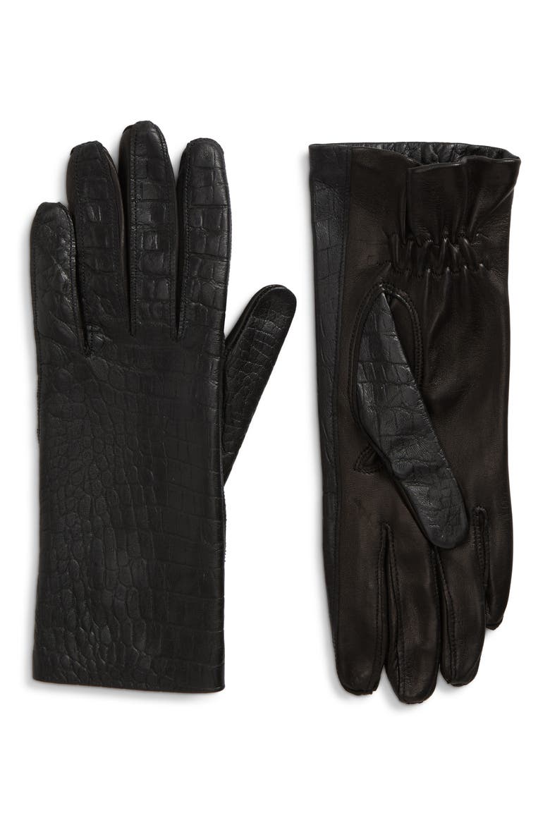 Croc Embossed Leather Gloves, Main, color, BLACK