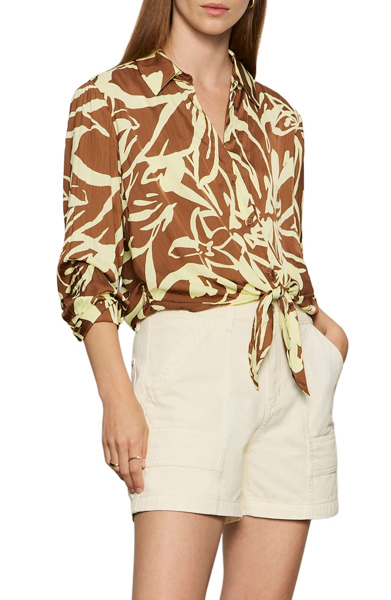 Sanctuary Lover Print Tie Hem Crop Sateen Shirt, Alternate, color, Lemon Root Brown
