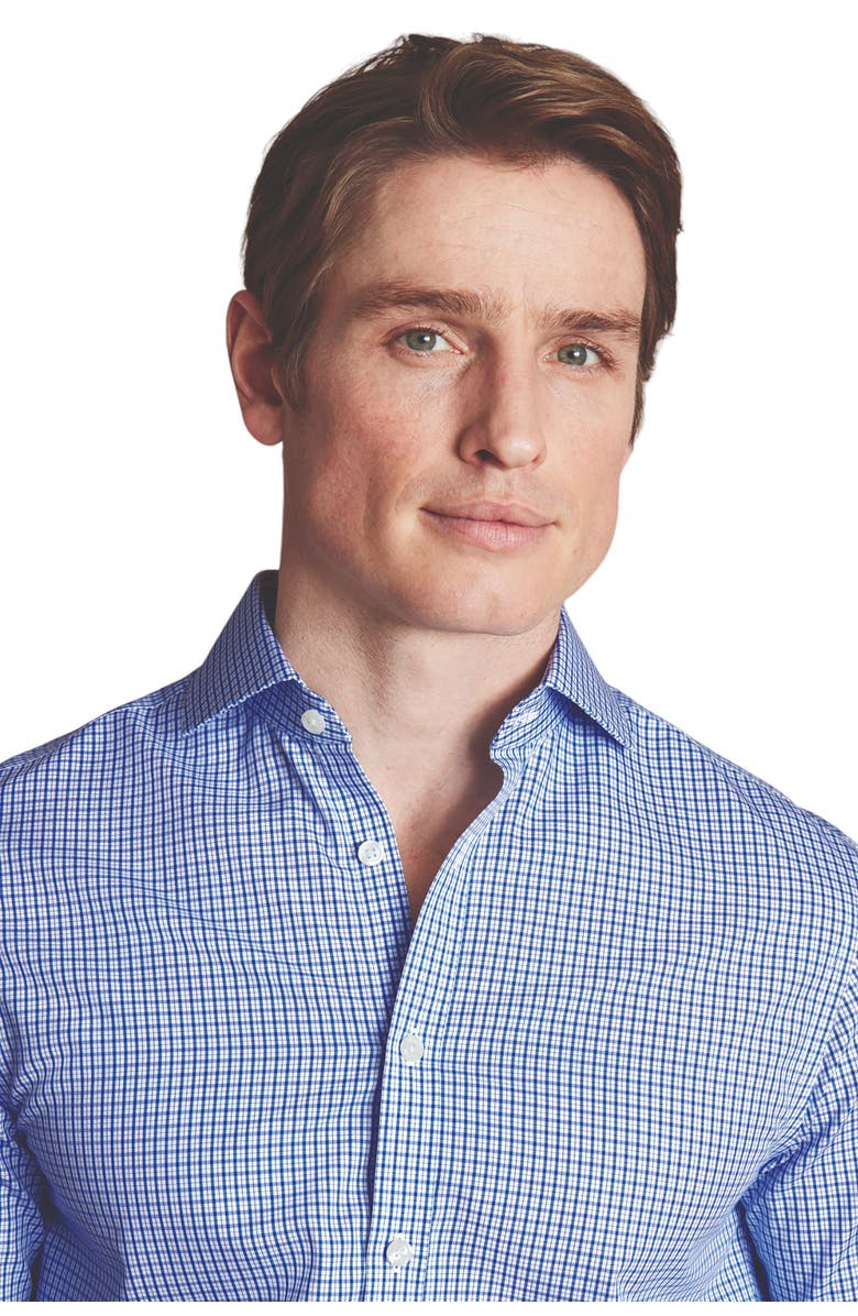 Charles Tyrwhitt Grid Check Non-Iron Stretch Twill Slim Fit Shirt Single Cuff, Alternate, color, Cobalt Blue