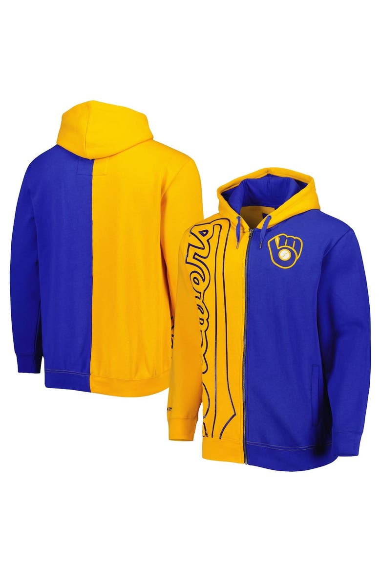 Men's Mitchell & Ness Gold/Royal Milwaukee Brewers Fleece Full-Zip Hoodie, Main, color, Gold