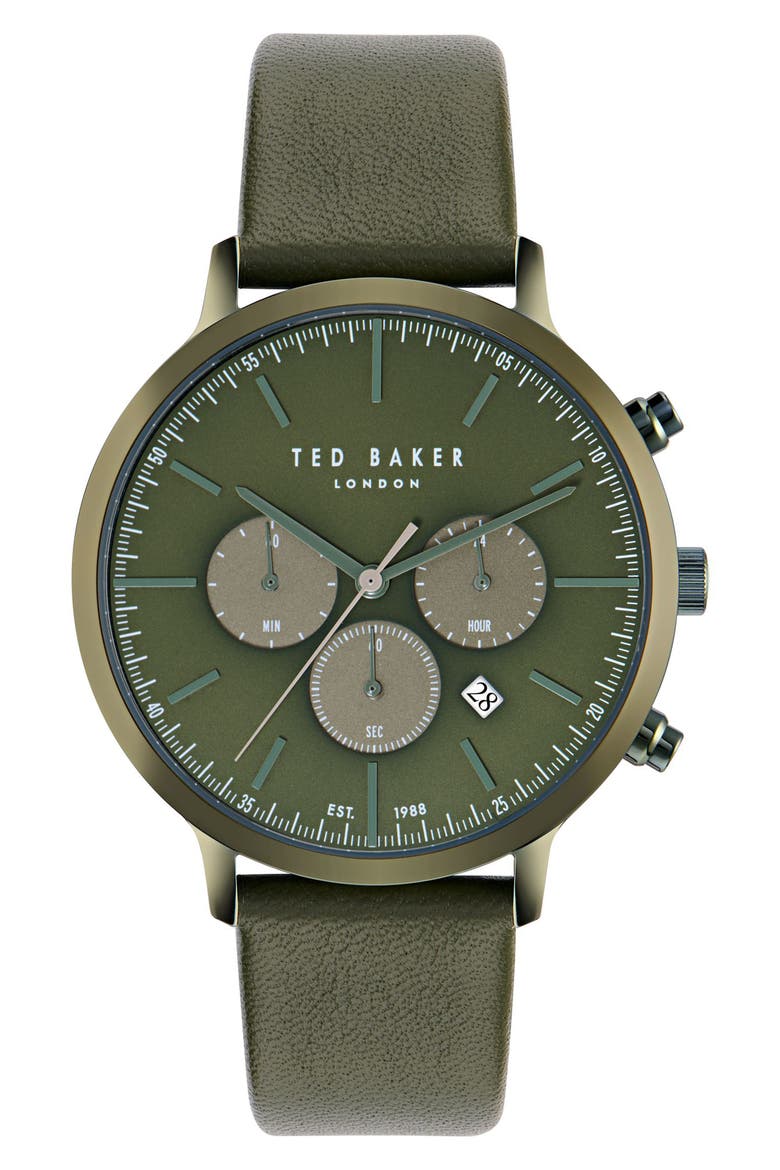 Haarvin Chronograph Leather Strap Watch, 44mm, Main, color, GREEN