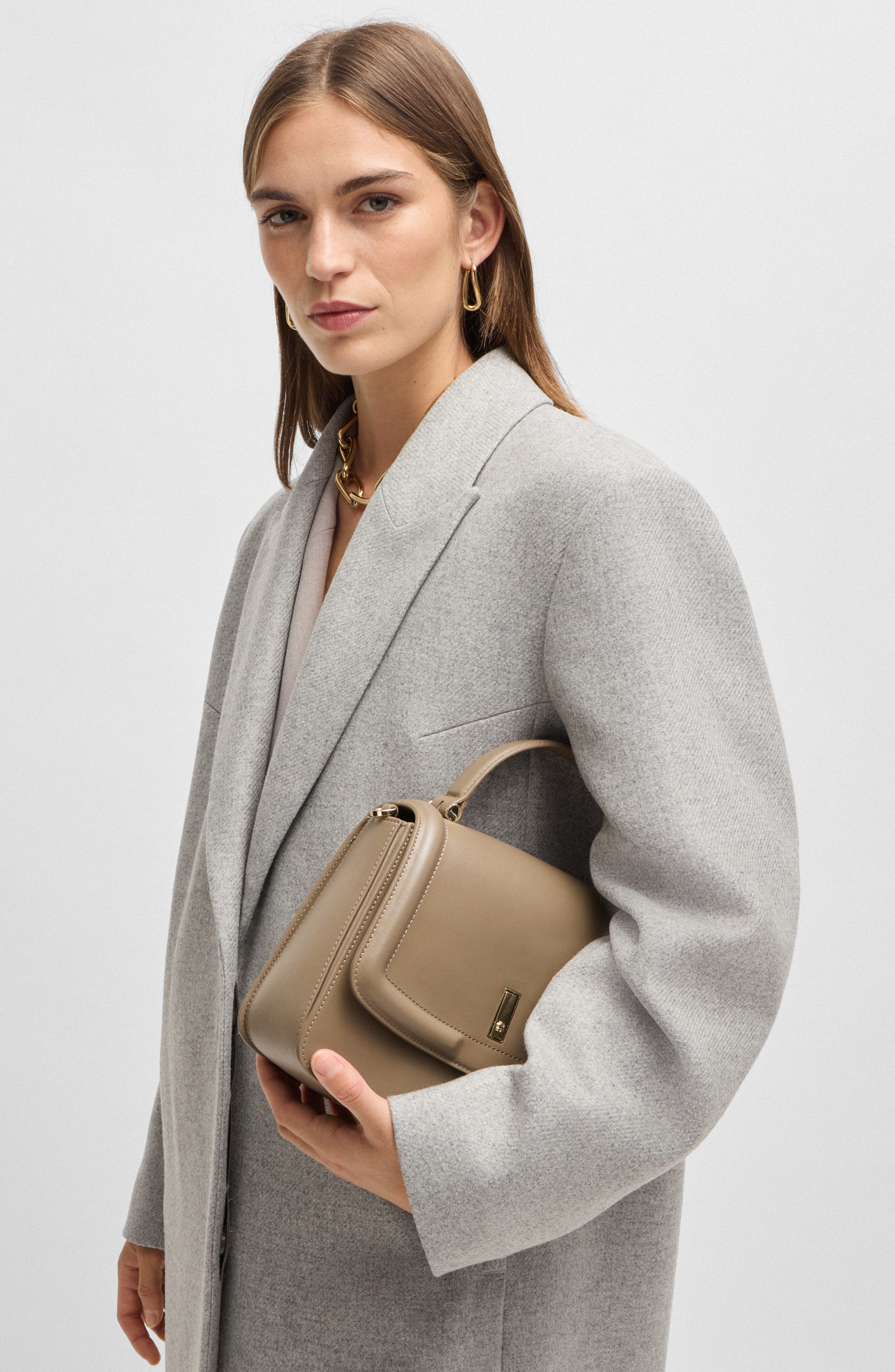 HUGO Ariell Leather Top Handle Bag, Alternate, color, Medium Brown