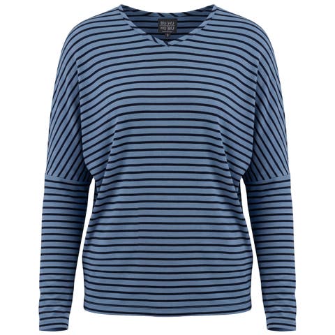 Striped V-Neck Drop Shoulder Long Sleeve Knit Top