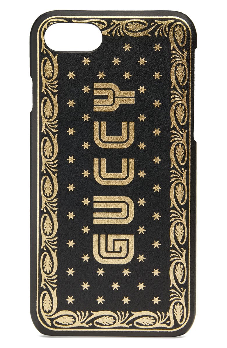 Gucci Guccy Logo Moon & Stars Leather iPhone 7 Case, Main, color,