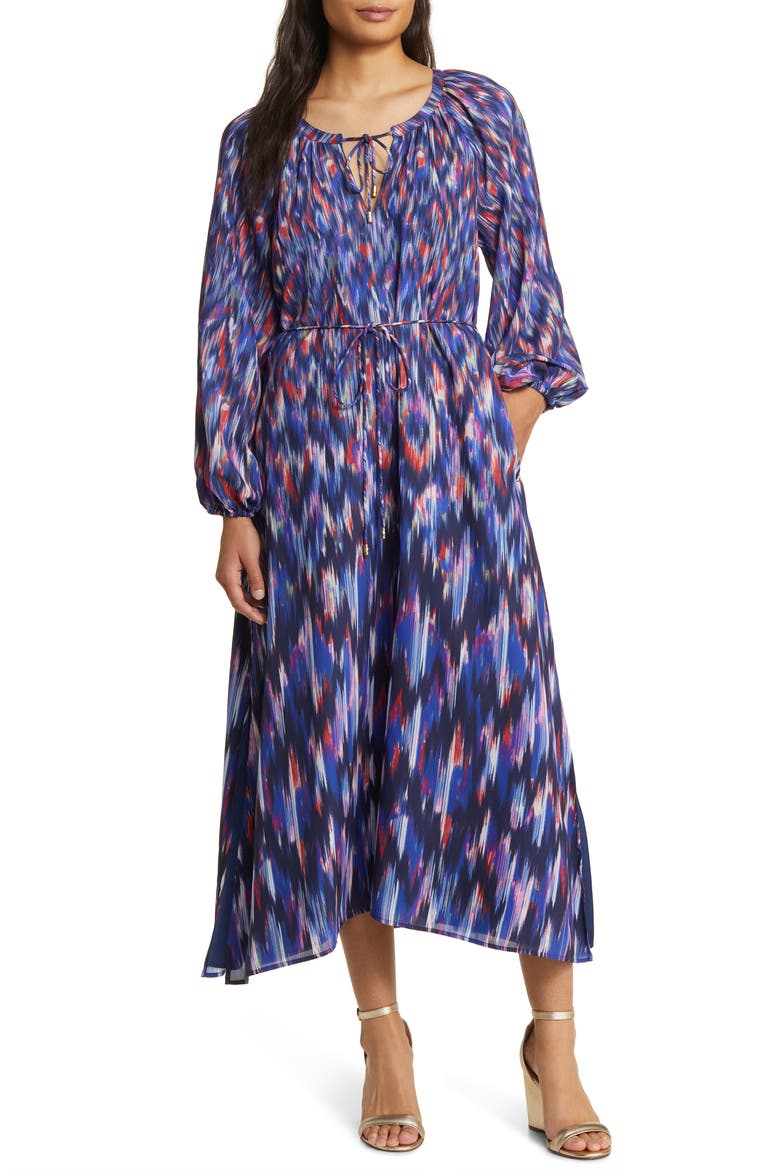 Ikat Long Sleeve Recycled Polyester Midi Dress, Main, color, ISLAND NAVY