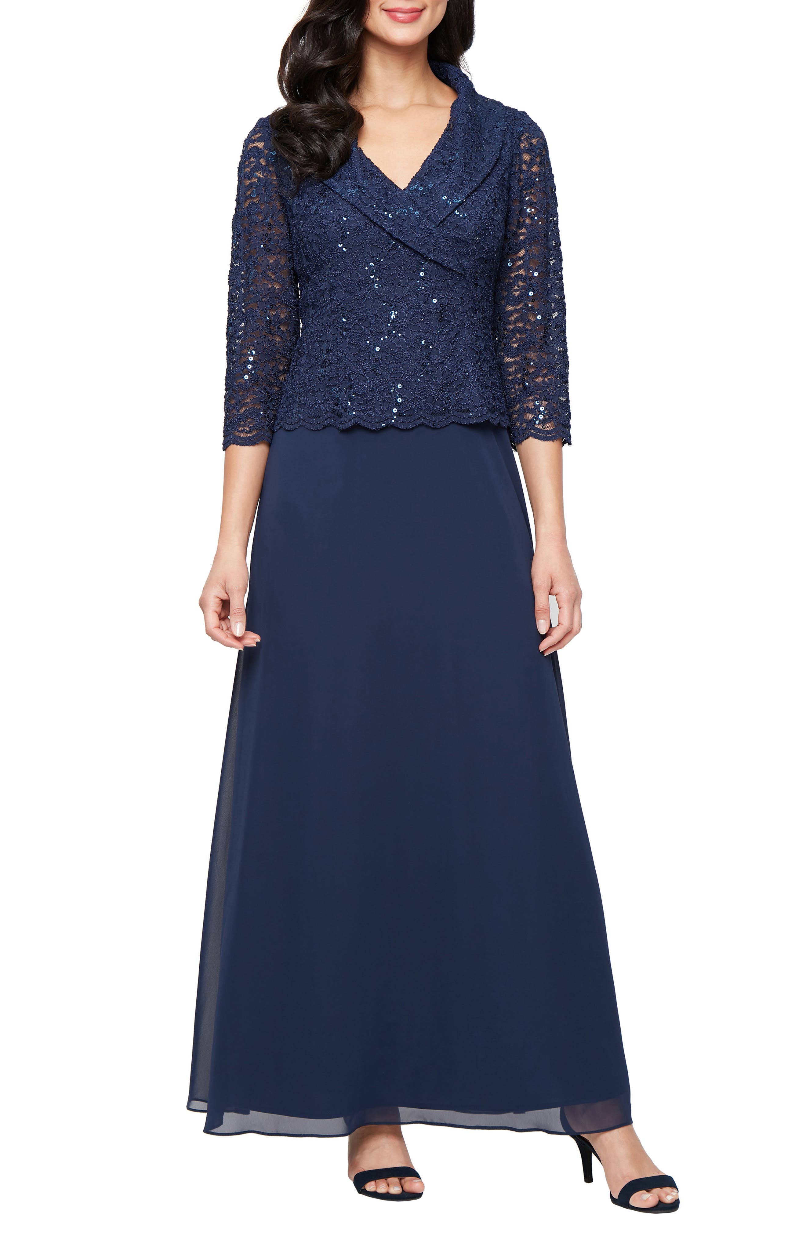 Sequin Lace & Chiffon Cocktail Dress
