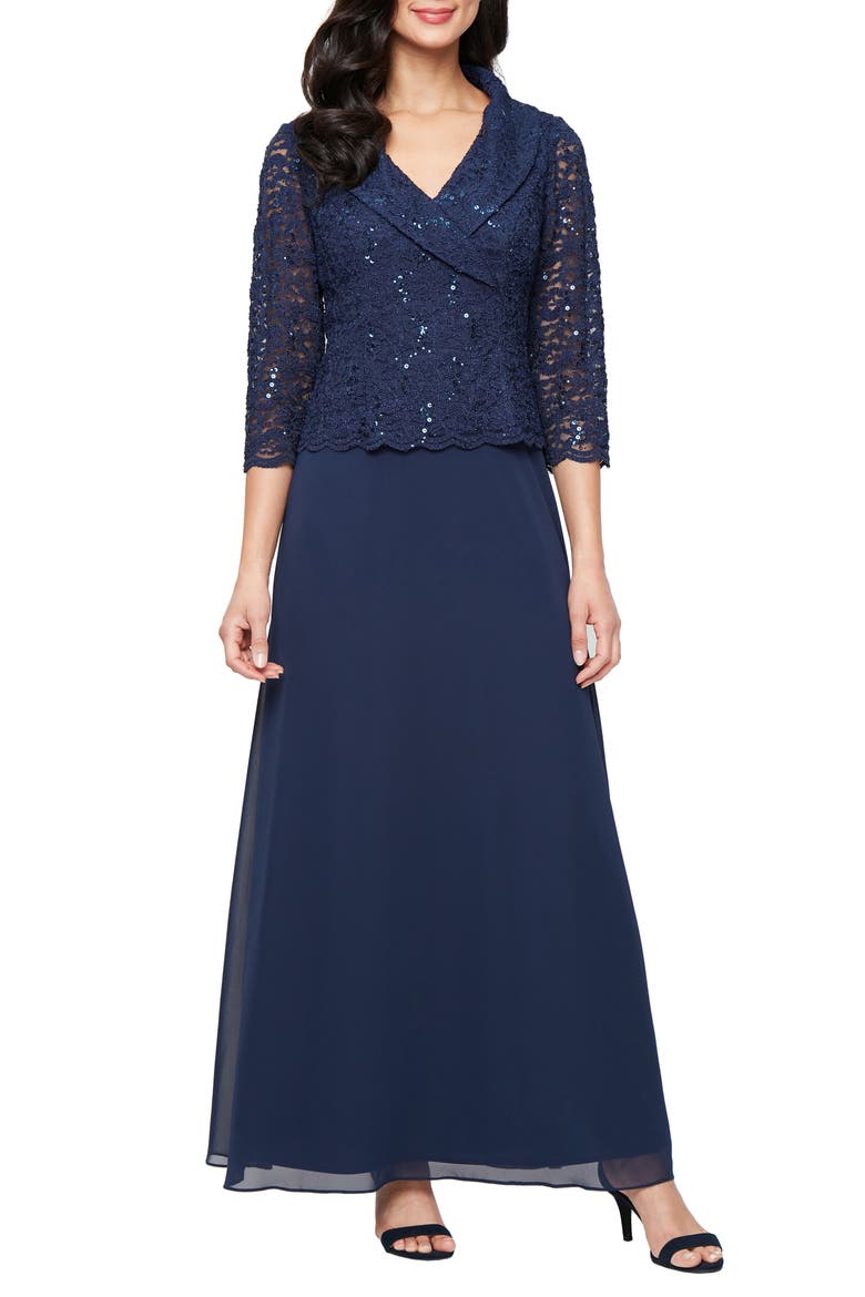Sequin Lace & Chiffon Cocktail Dress, Main, color, NAVY