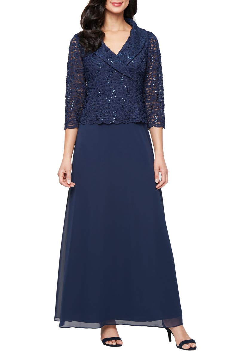 Alex Evenings Sequin Lace & Chiffon Cocktail Dress, Main, color, Navy