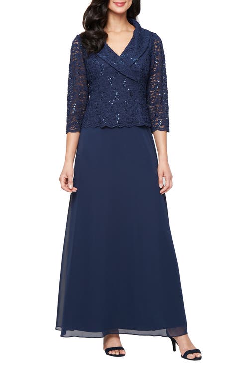 Sequin Lace & Chiffon Cocktail Dress