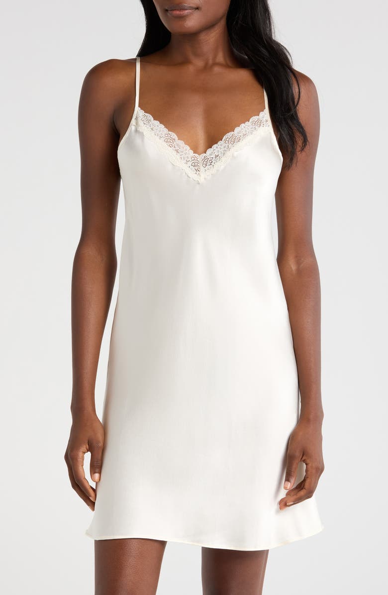 Etam Milky Lace Trim Silk Chemise, Main, color, Perle