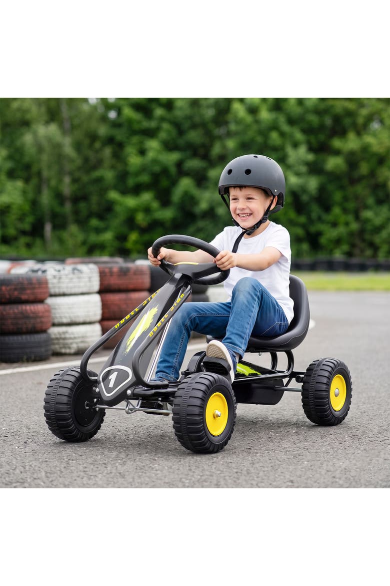 Kids Pedal Go Kart, Adjustable Seat, Steering Wheel, Backrest, Outdoor Racer, Black, Alternate, color, Black