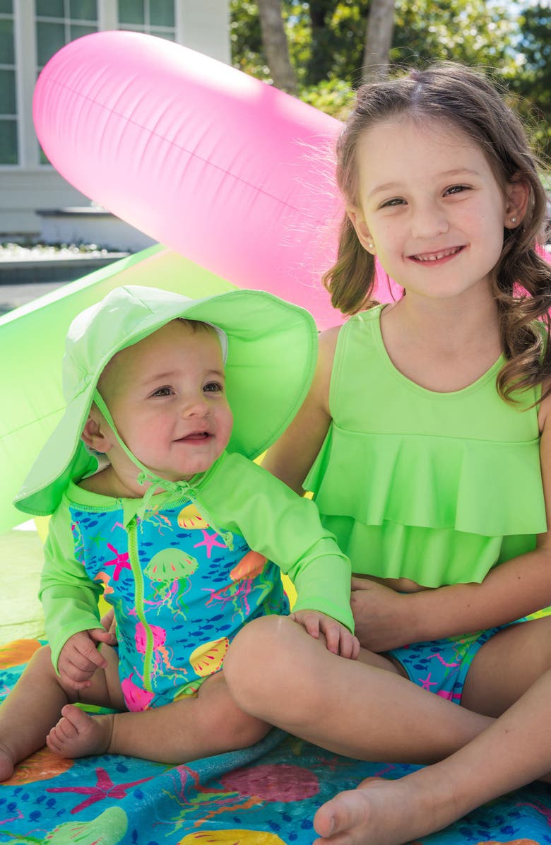 RuggedButts Kids' Neon Jelly Time Long Sleeve UPF 50+ One-Piece Swimsuit, Alternate, color, Blue