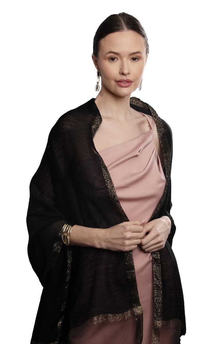 SAACHI Shimmer Border Metallic Trim Scarf, Alternate, color, Black