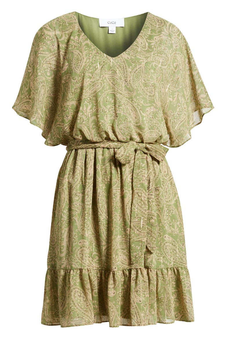 Metallic Paisley V-Neck Chiffon Minidress, Alternate, color, EPSOM BEIGE