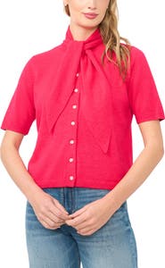 CeCe Tie Neck Short Sleeve Cardigan