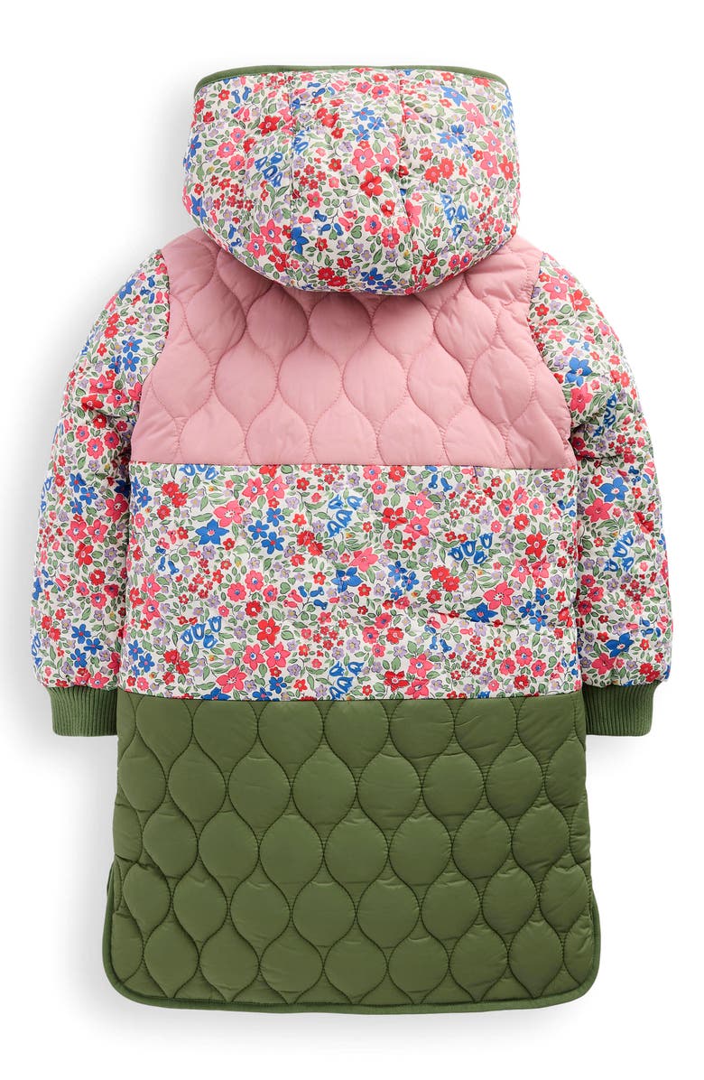 Mini Boden Kids' Mixed Print Onion Quilted Longline Coat, Alternate, color, Rose Pink Flowerbed