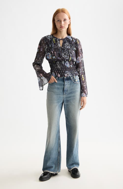 Scotch & Soda Long Sleeve Smocked Waist Chiffon Top In Black