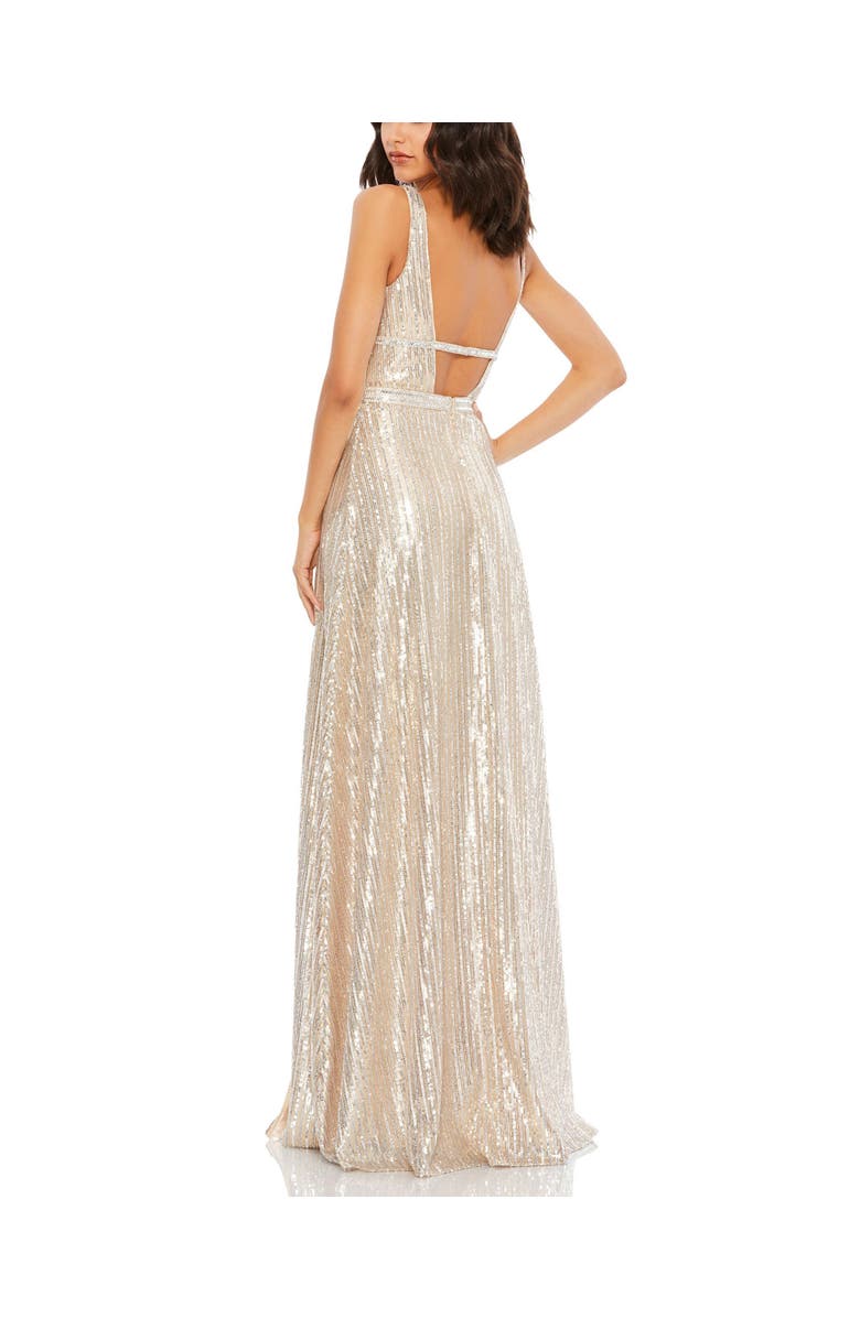 Mac Duggal Metallic Sequined Plunge Neck Gown, Alternate, color, 