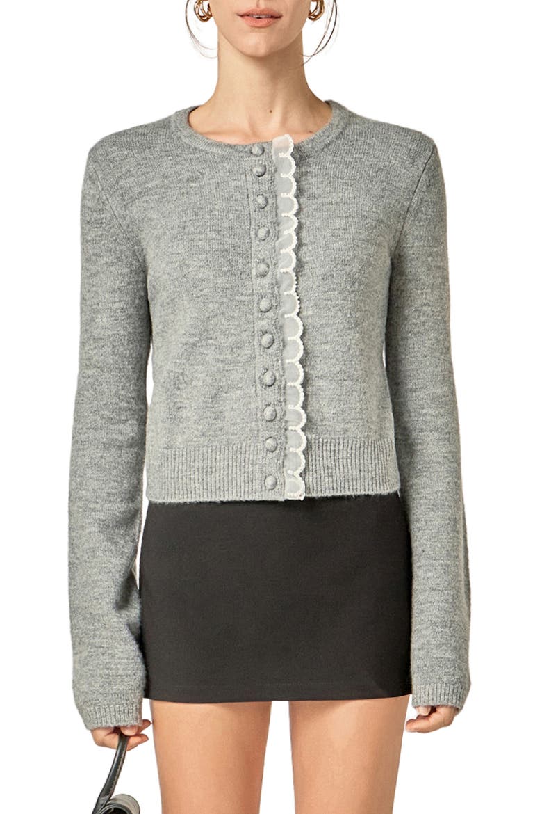 Scallop Trim Cardigan, Main, color, HEATHER GREY