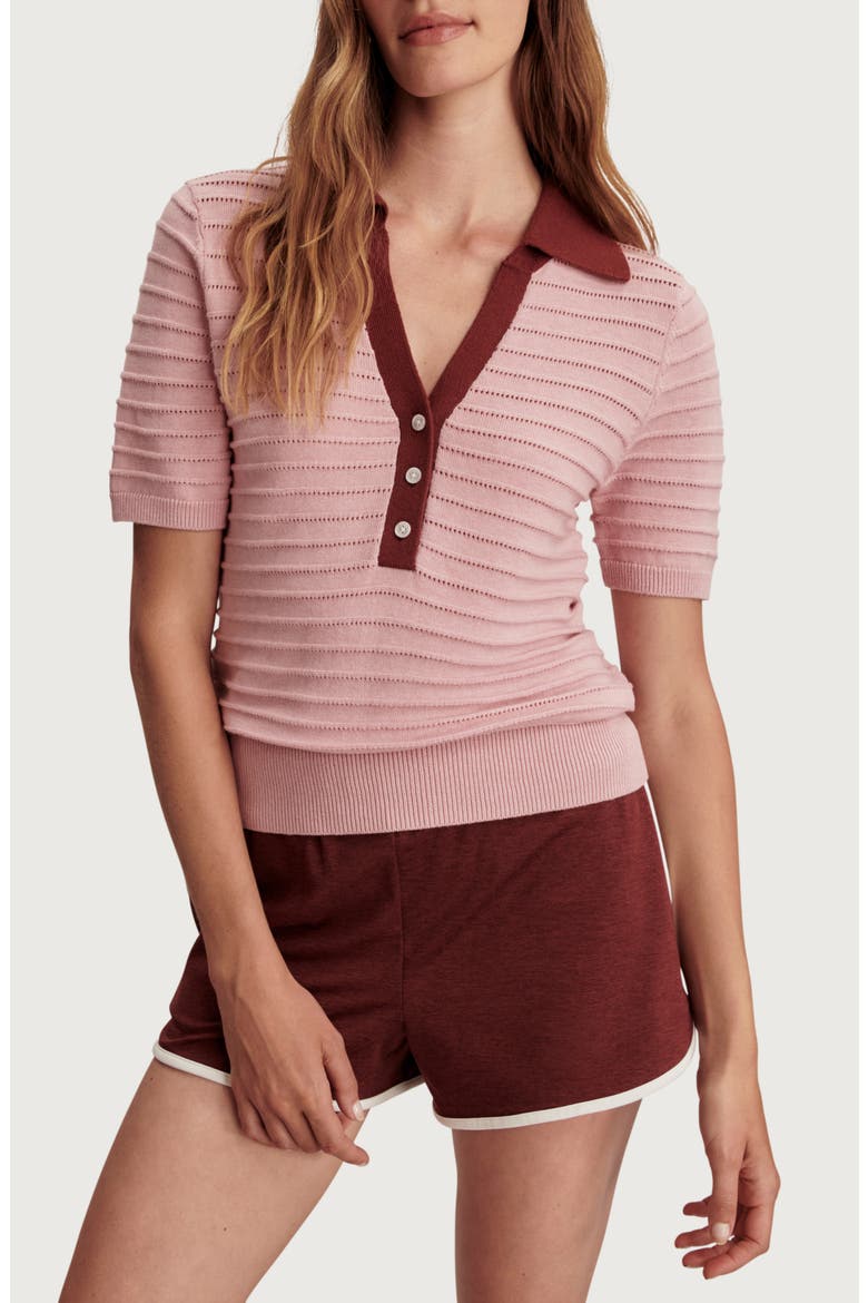 Wren Stripe Cotton Blend Pointelle Polo Sweater, Main, color, ZEPHYR MAUVE / PORT