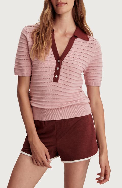 Wren Stripe Cotton Blend Pointelle Polo Sweater