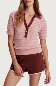 Varley Wren Stripe Cotton Blend Pointelle Polo Sweater