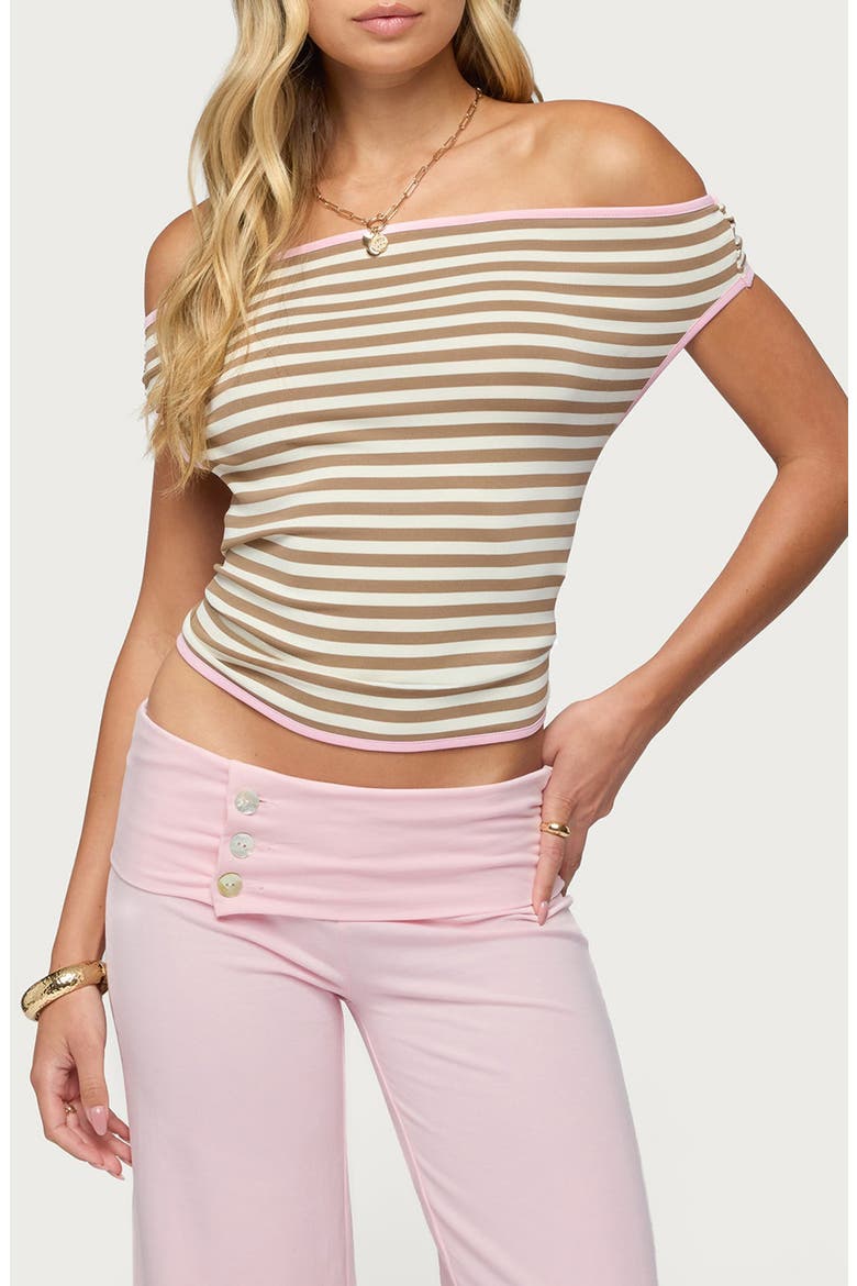 Zory Stripe Off the Shoulder Open Tie Back Top, Main, color, BROWN-AND-CREAM