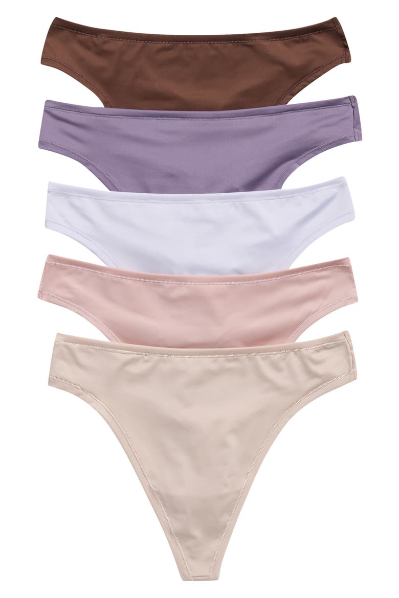 Ultimate 5-Pack Stretch Thongs, Alternate, color, PURPLE PUFF- BROWN MULTI