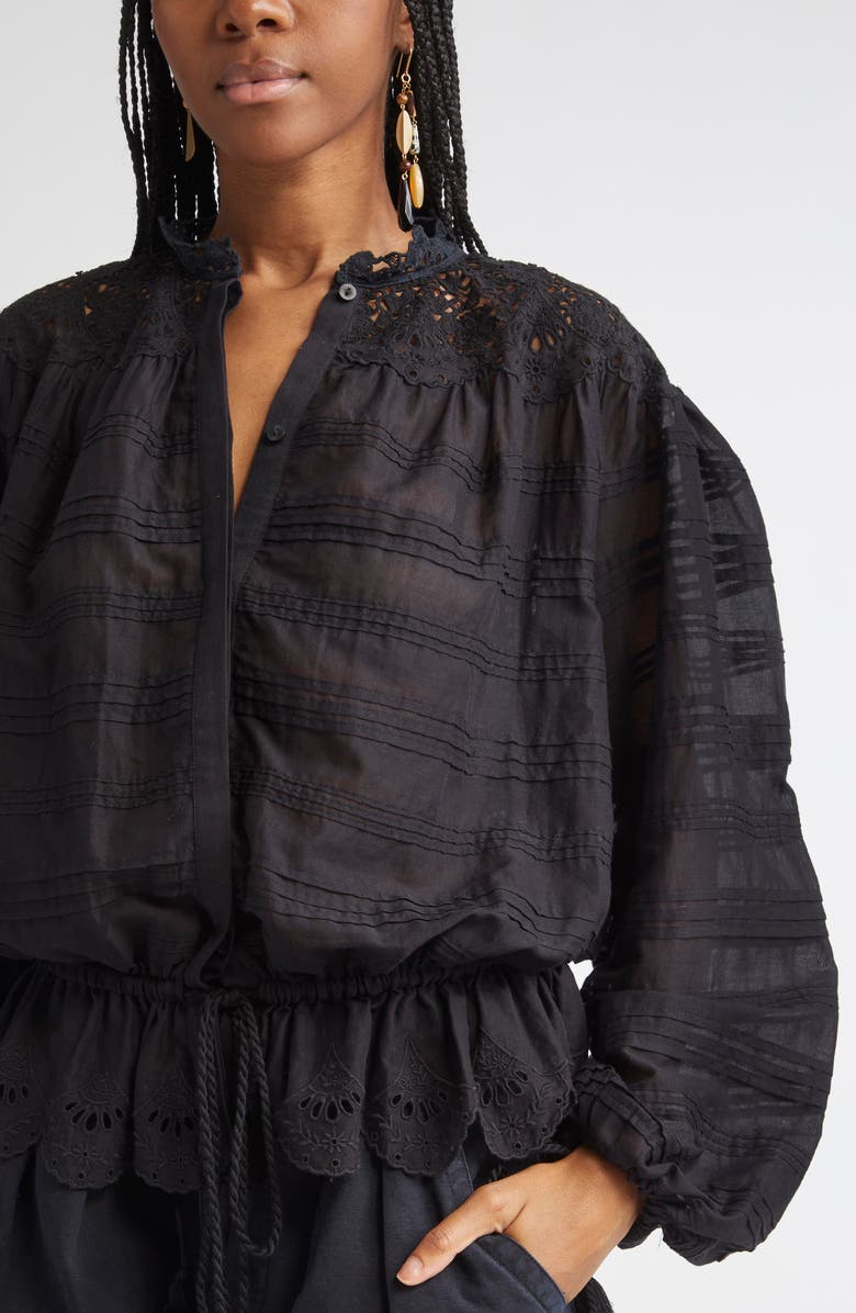 Isabel Marant Étoile Polly Lace & Eyelet Trim Cotton Pintuck Top, Alternate, color, Black