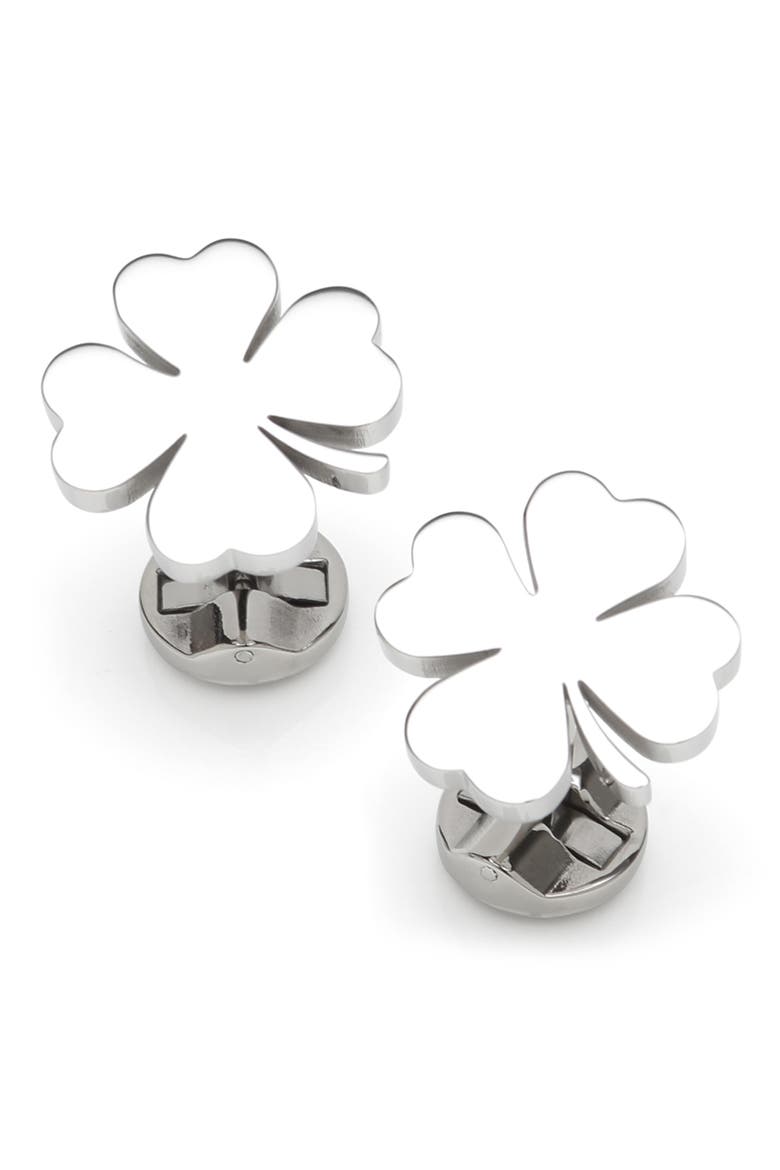 Four Leaf Clover Cuff Links, Alternate, color, SILVER