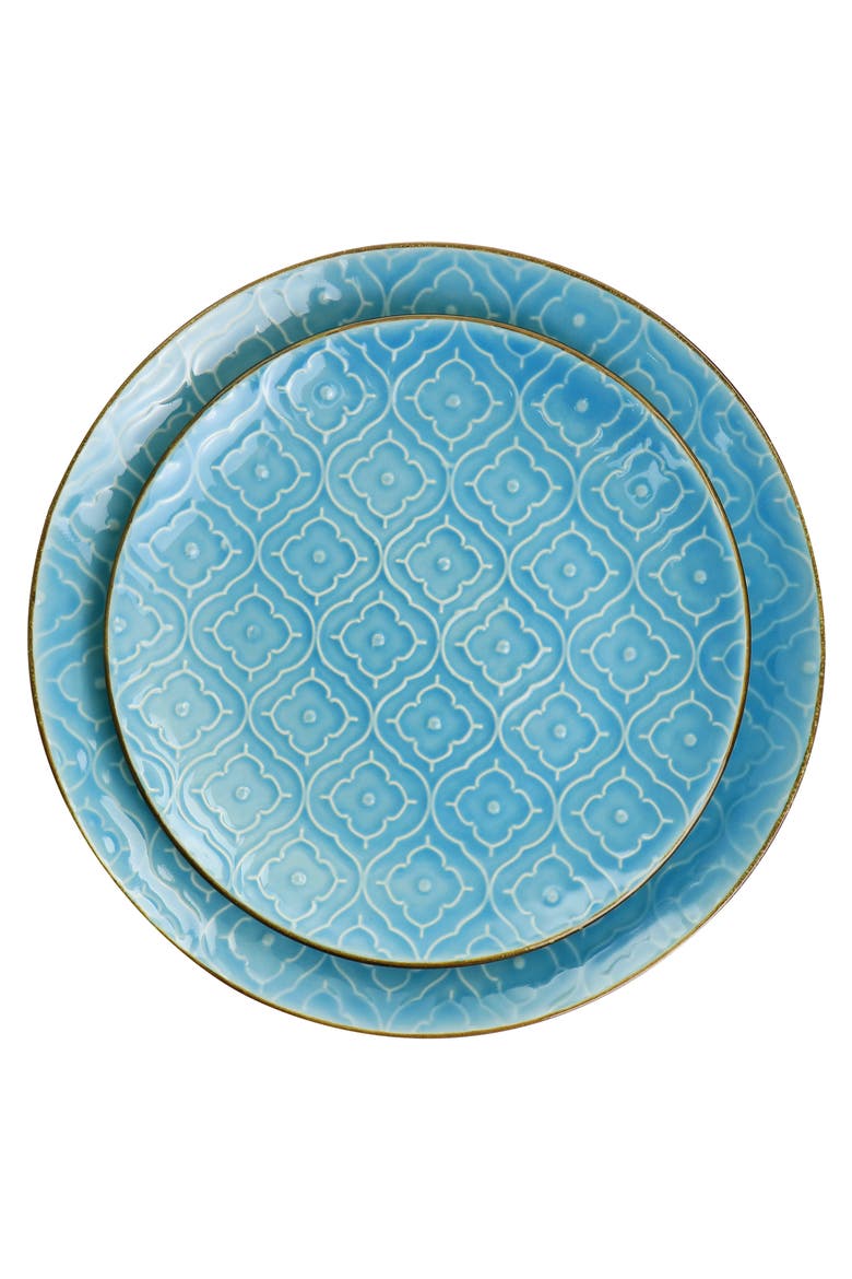 Aqualite 16 Piece Embossed Stoneware Dinnerware Set, Alternate, color, Teal