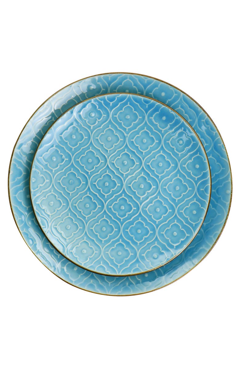 Elama Aqualite 16 Piece Embossed Stoneware Dinnerware Set, Alternate, color, Teal