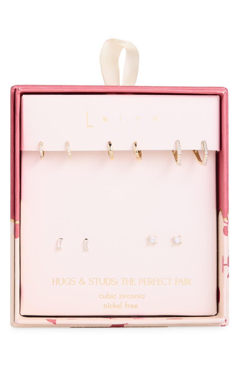 Leith Set of 5 Cubic Zirconia Stud & Huggie Hoop Earrings, Main, color, Clear- Gold