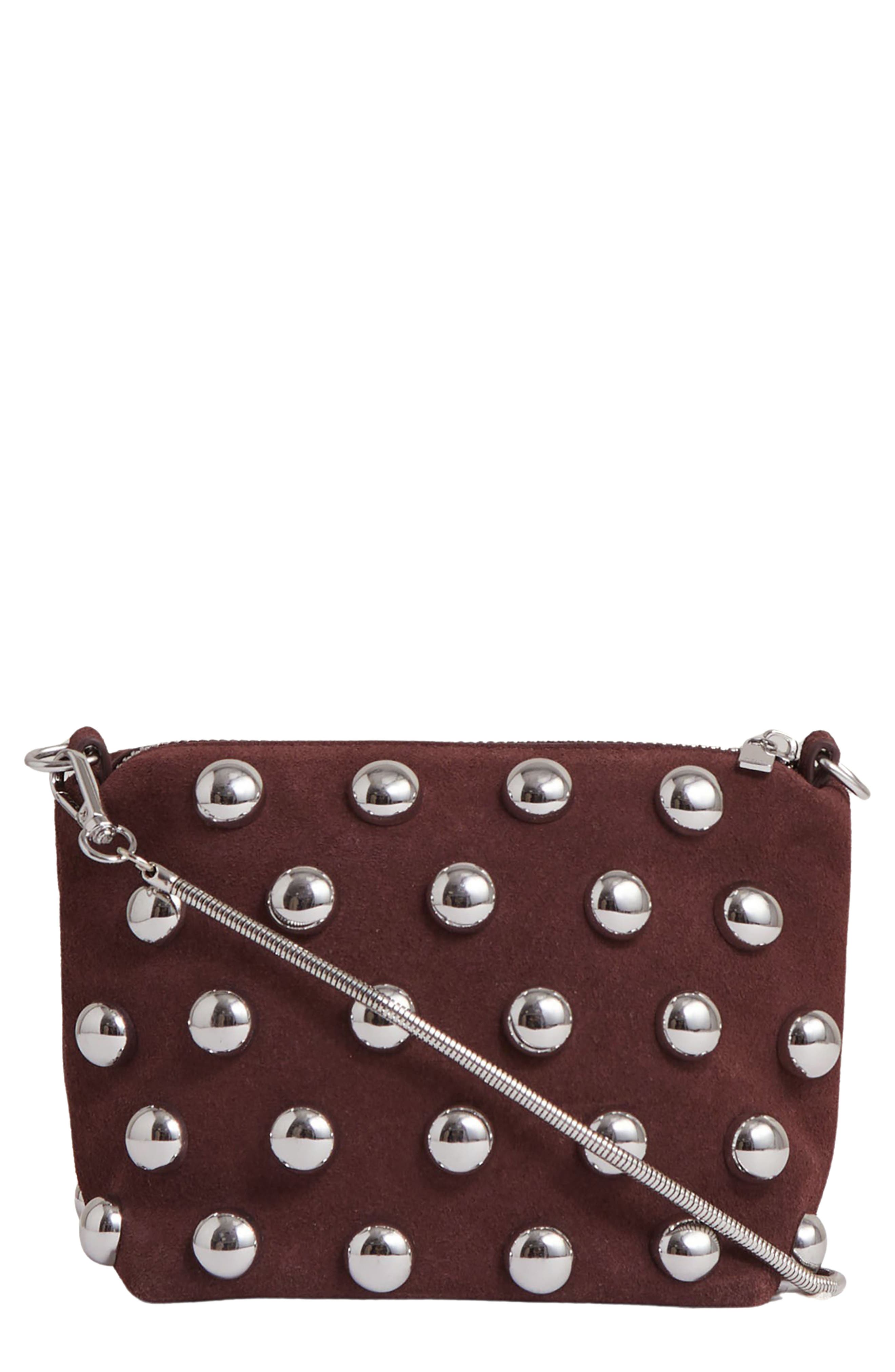Reiss Leandra Studded Suede Clutch, Main, color, Oxblood