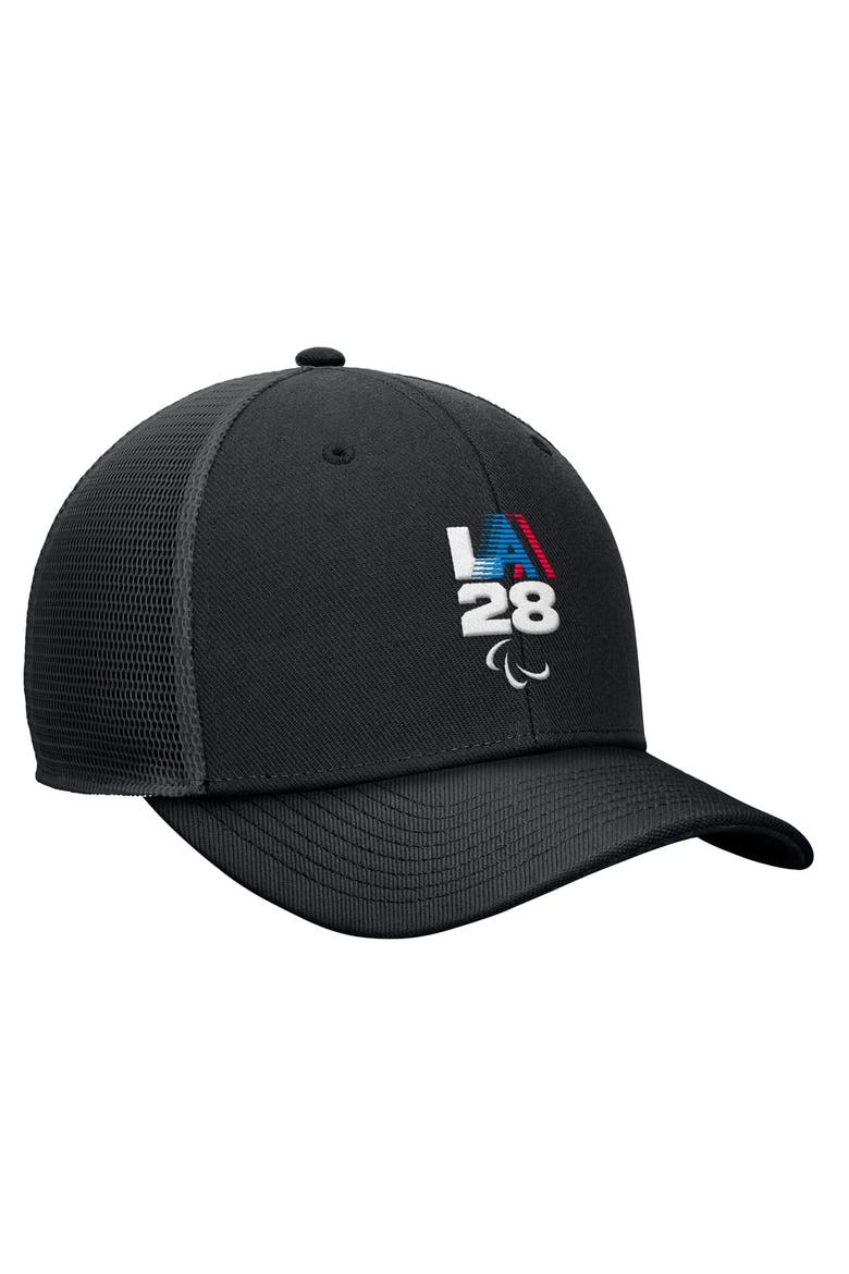 Men's Nike Black LA28 Summer Paralympics Retro Stripe Rise Adjustable Trucker Hat, Alternate, color, Black