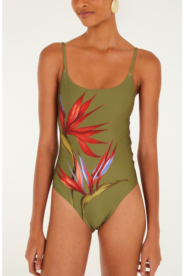 Strelitzia Placed Floral One-Piece Swimsuit, Alternate, color, STRILITZIA DARK GREEN