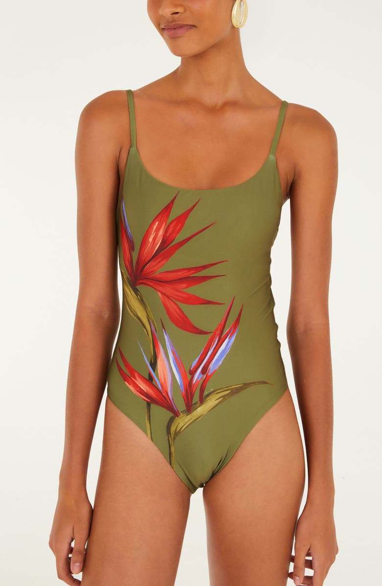 FARM Rio Strilitzia Placed Floral One-Piece Swimsuit, Alternate, color, Strilitzia Dark Green