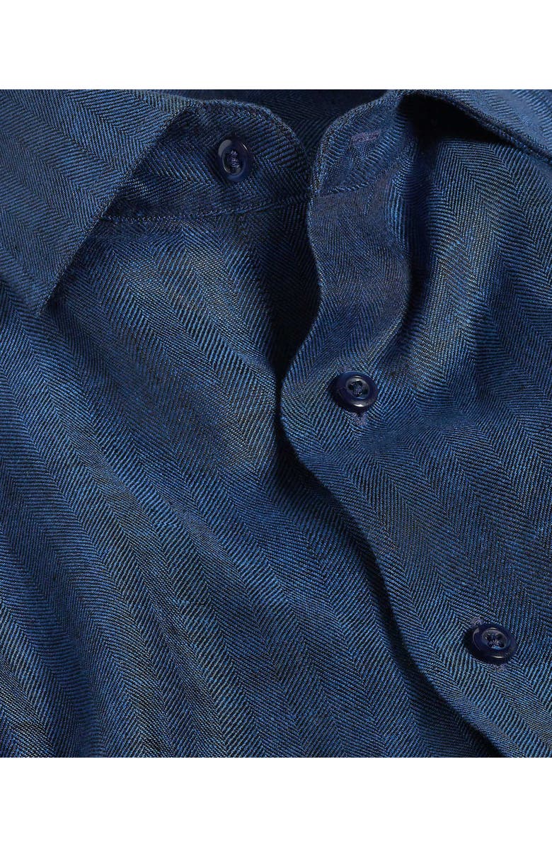 David Donahue Trim Fit Linen Herringbone Dress Shirt, Alternate, color, Navy