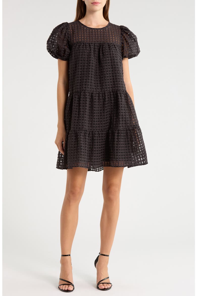 Darling Nest Tiered Cotton Blend Organza Minidress, Main, color, BLACK