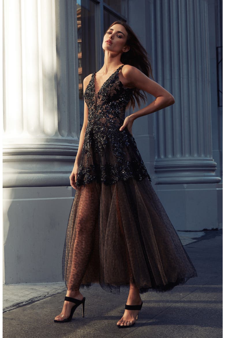 Rachelle Fit & Flare Lace Gown, Alternate, color, BLACK-NUDE